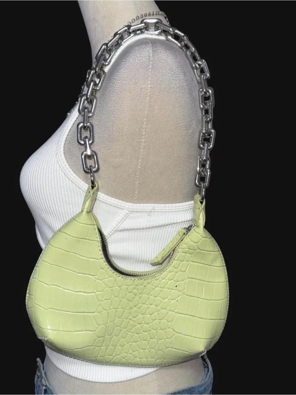 Forever 21 Croc-Embossed Shoulder Bag in Light Green with Silver Chain